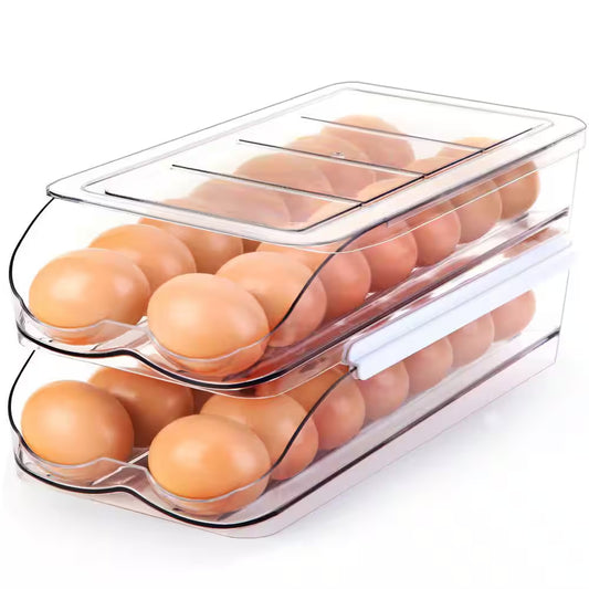2-Pack Auto-Rolling Stackable Egg Holder for Refrigerator, Stackable Fridge Organizers and Storage with Lid