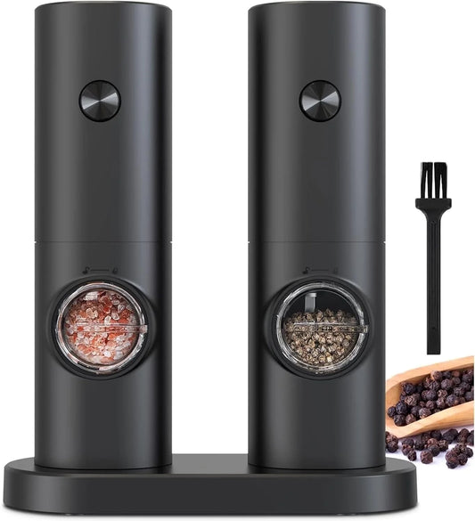 2 Pack Electric Salt and Pepper Grinder Set, Battery Powered - Automatic Salt Pepper Mill Grinder, Black