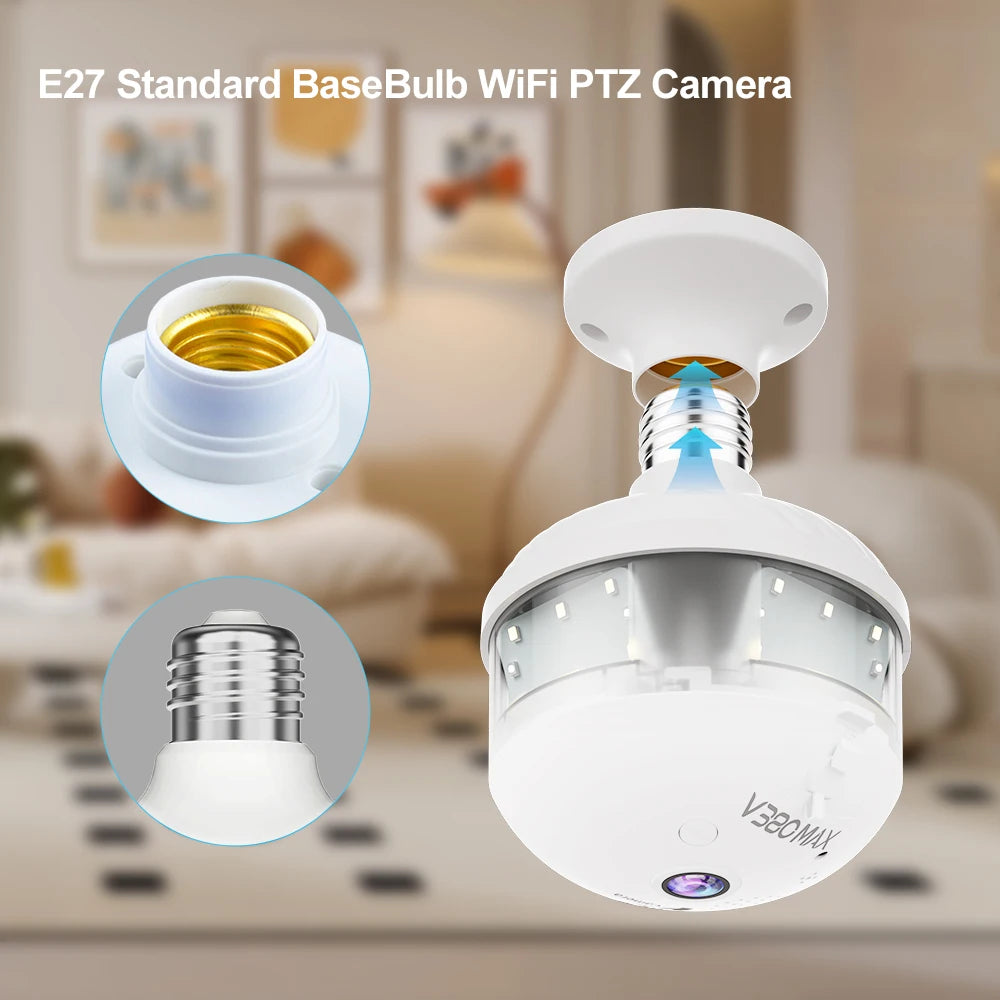 4MP WiFi E27 Security Camera with Full Color Night Vision, Two-Way Audio, Wireless Auto Tracking, and Fisheye Lens