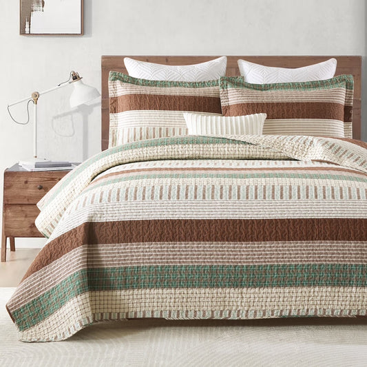 100% Cotton King Size Quilt Set, Beige Brown Green Striped Lightweight King Quilt Bedspreads for Bed, Farmhouse Breathable King Quilt Coverlet/Bedding Set for All Season, 3-Piece (98"X106")