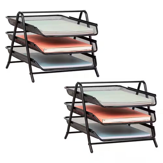 11.5 In. L X 13.75 In. W X 10 In. H 3-Tier Paper Tray, Desktop Organizer, File Storage, Black (2-Pack)