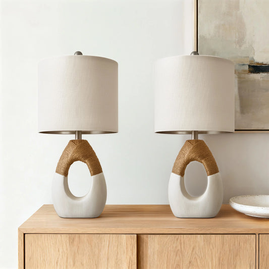 19" White Boho Table Lamp for Living Room Bedroom Modern Resin Bedside Nightstand Lamps Set of 2 for Office Study Rattan Light