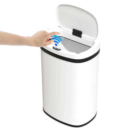 13 Gallon Kitchen Trash Can with Lid, Stainless Steel Oval Automatic Garbage Can for Home Office Bedroom Living Room Garage, Large Capacity Trash Bin Trashcan, White