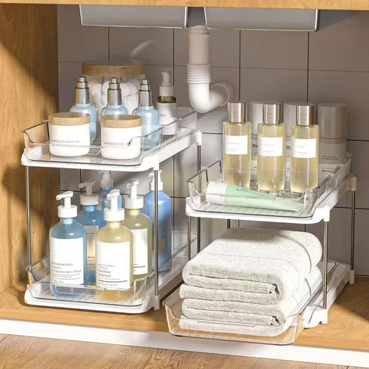 2-Tier Multi-Purpose Bathroom under Sink Organizers and Storage, Metal Stackable Kitchen Pantry Organization, in White